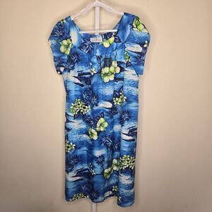 Vintage Hukilau Fashions Blue Ocean Hibiscus Hawaiian Muumuu Dress Lightweight
